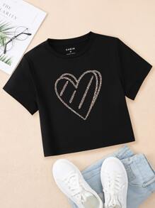 SHEIN EZwear Heart & Leopard Print Crop Tee - Black - View 1
