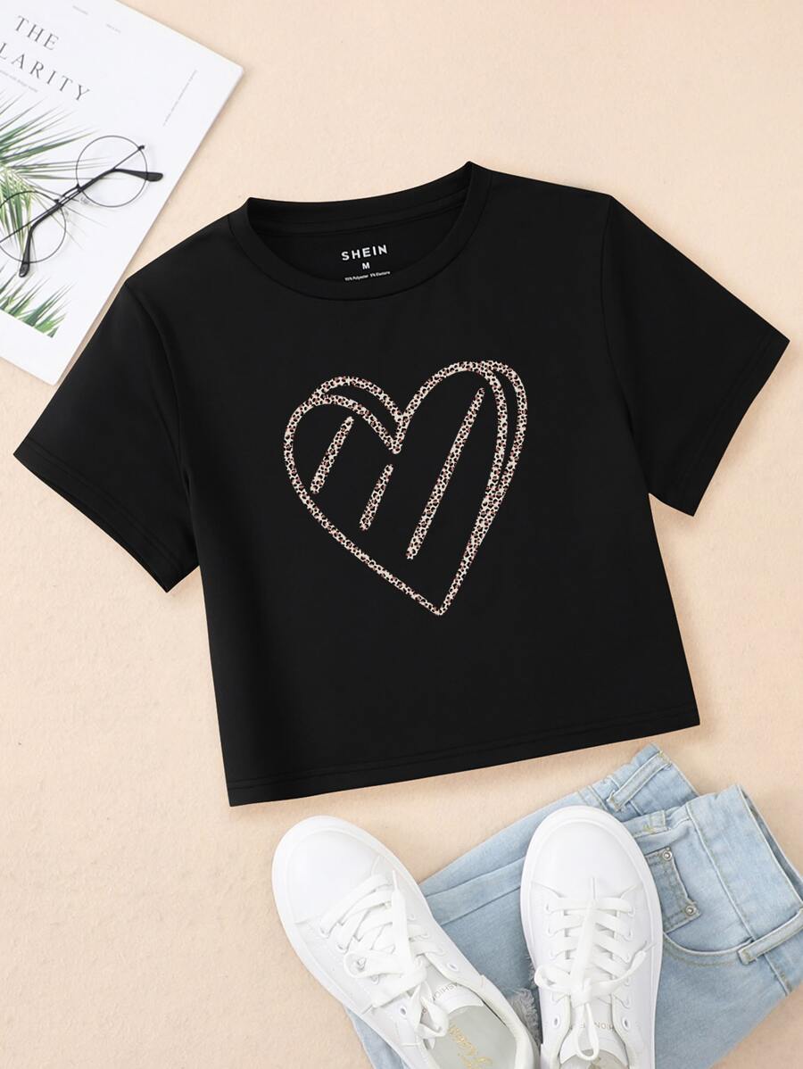 SHEIN EZwear Heart & Leopard Print Crop Tee - Black - View 1