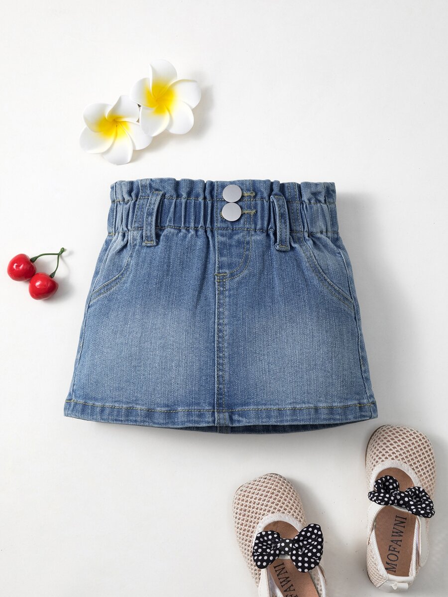 Baby Paperbag Waist Denim Skirt - Medium Wash - View 1