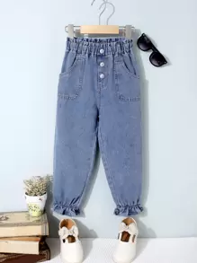 Toddler Girls Paperbag Waist Ruffle Hem Jeans - Light Wash - View 1