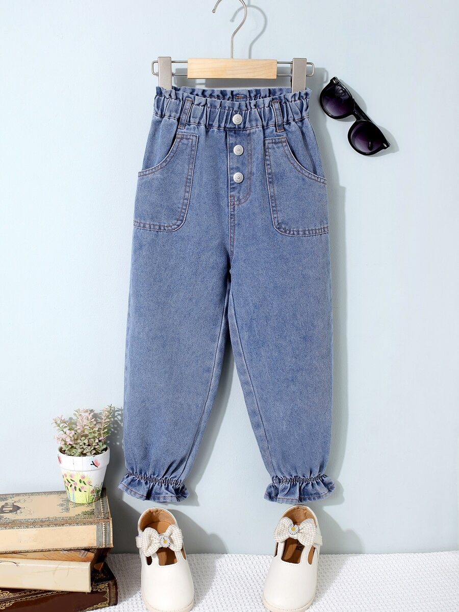 Toddler Girls Paperbag Waist Ruffle Hem Jeans - Light Wash - View 1