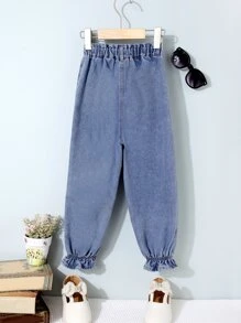 Toddler Girls Paperbag Waist Ruffle Hem Jeans - Light Wash - View 2