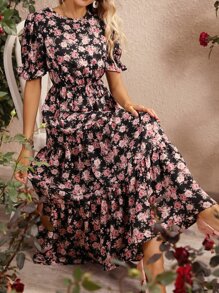 SHEIN VCAY Allover Floral Print Layered Hem Dress - Black - View 3