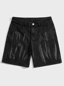 ROMWE MEN Guys Brush Print Denim Shorts - Black - View 1