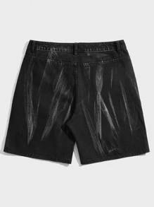ROMWE MEN Guys Brush Print Denim Shorts - Black - View 2