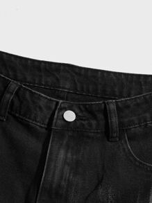 ROMWE MEN Guys Brush Print Denim Shorts - Black - View 4