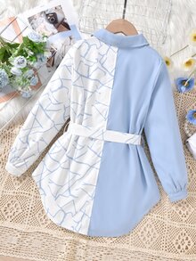 Girls Geo Print Two Tone Shirt - Blue and White - View 2