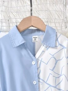 Girls Geo Print Two Tone Shirt - Blue and White - View 3