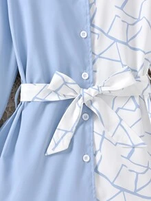 Girls Geo Print Two Tone Shirt - Blue and White - View 5