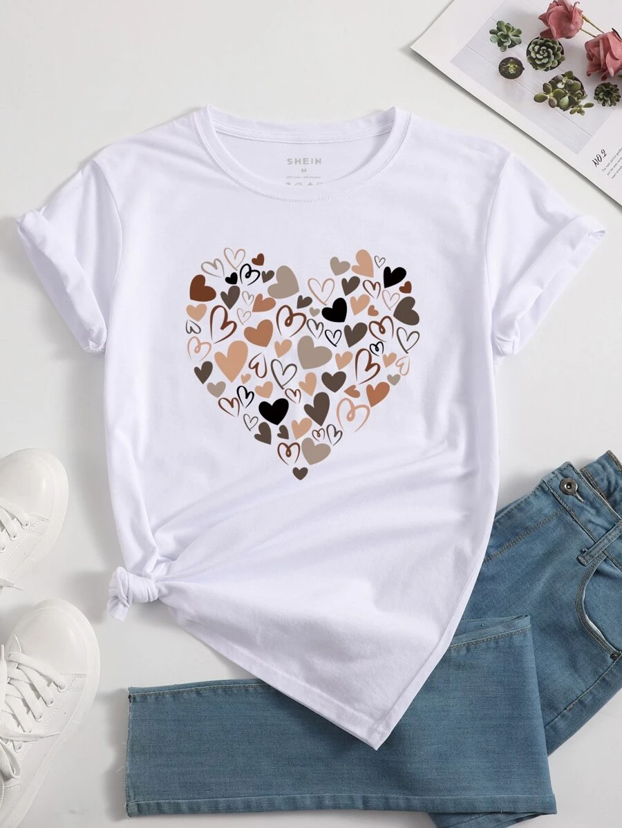 SHEIN LUNE Heart Print Tee - White - View 1
