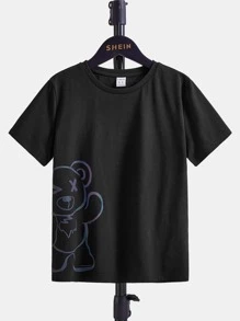 SHEIN Boys Reflective Flare Bear Print Tee - Black - View 3