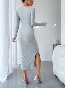 SHEIN PETITE Split Hem Sweetheart Neckline Bodycon Dress - Light Grey - View 2