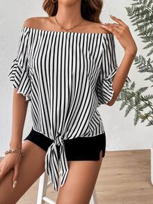 SHEIN LUNE 條紋圖案一字肩荷葉袖下擺打結T恤 - 黑與白 - 查看 3