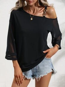 SHEIN LUNE Top con diseño de cadena de cuello asimétrico de malla en contraste - Negro - Ver 1