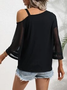 SHEIN LUNE Top con diseño de cadena de cuello asimétrico de malla en contraste - Negro - Ver 2