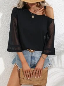 SHEIN LUNE Top con diseño de cadena de cuello asimétrico de malla en contraste - Negro - Ver 3