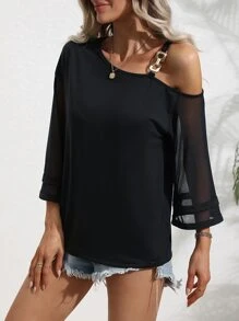 SHEIN LUNE Top con diseño de cadena de cuello asimétrico de malla en contraste - Negro - Ver 4
