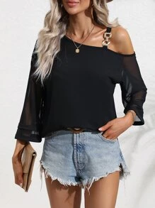 SHEIN LUNE Top con diseño de cadena de cuello asimétrico de malla en contraste - Negro - Ver 6