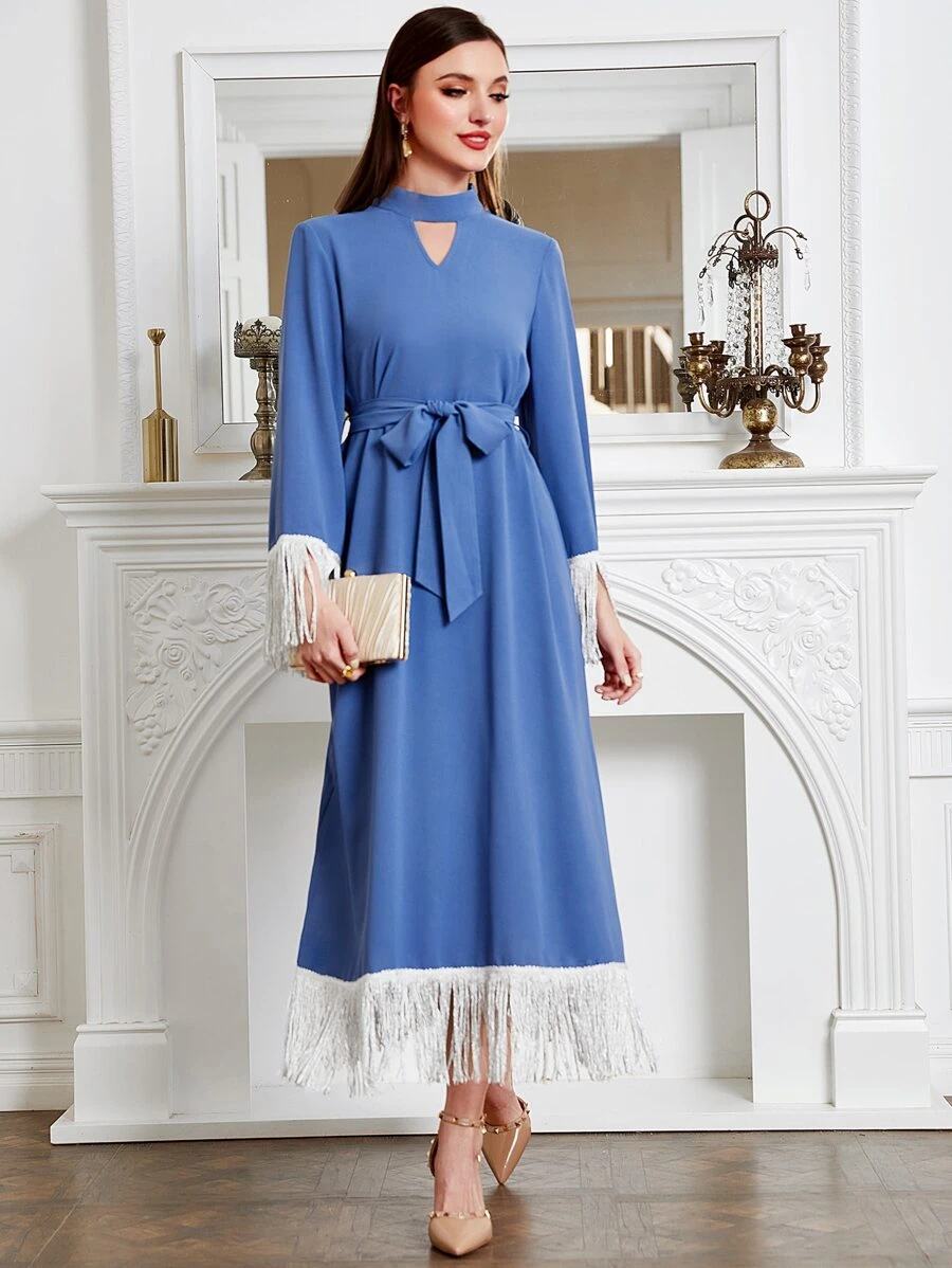 Modelyn Keyhole Neckline Fringe Trim Belted Dress - Baby Blue - View 1