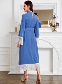 Modelyn Keyhole Neckline Fringe Trim Belted Dress - Baby Blue - View 2