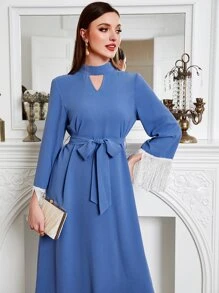 Modelyn Keyhole Neckline Fringe Trim Belted Dress - Baby Blue - View 3