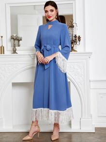 Modelyn Keyhole Neckline Fringe Trim Belted Dress - Baby Blue - View 4