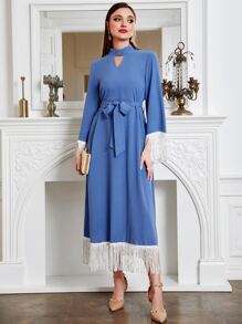 Modelyn Keyhole Neckline Fringe Trim Belted Dress - Baby Blue - View 5