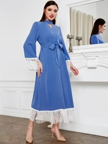 Modelyn Keyhole Neckline Fringe Trim Belted Dress - Baby Blue - View 6