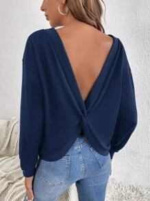 SHEIN Essnce 素色扭結露背運動衫 - 藏蓝色 - 查看 5