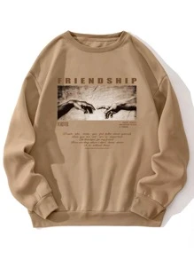 Manfinity Dauomo Áo nỉ Nam Con số Slogan Giải trí - Màu Khaki - Xem 1