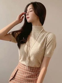 DAZY Cổ giả Ống tay áo Knit ngọn - Màu be - Xem 7