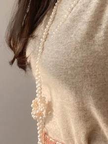 DAZY Cổ giả Ống tay áo Knit ngọn - Màu be - Xem 4