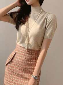 DAZY Cổ giả Ống tay áo Knit ngọn - Màu be - Xem 6