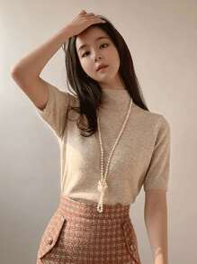 DAZY Cổ giả Ống tay áo Knit ngọn - Màu be - Xem 8