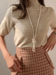 DAZY Cổ giả Ống tay áo Knit ngọn - Màu be - Xem 9