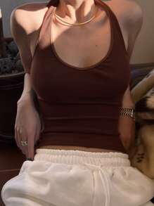 DAZY Solid Tie Backless Halter Top Tank Tops