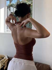 DAZY Solid Tie Backless Halter Top Tank Tops