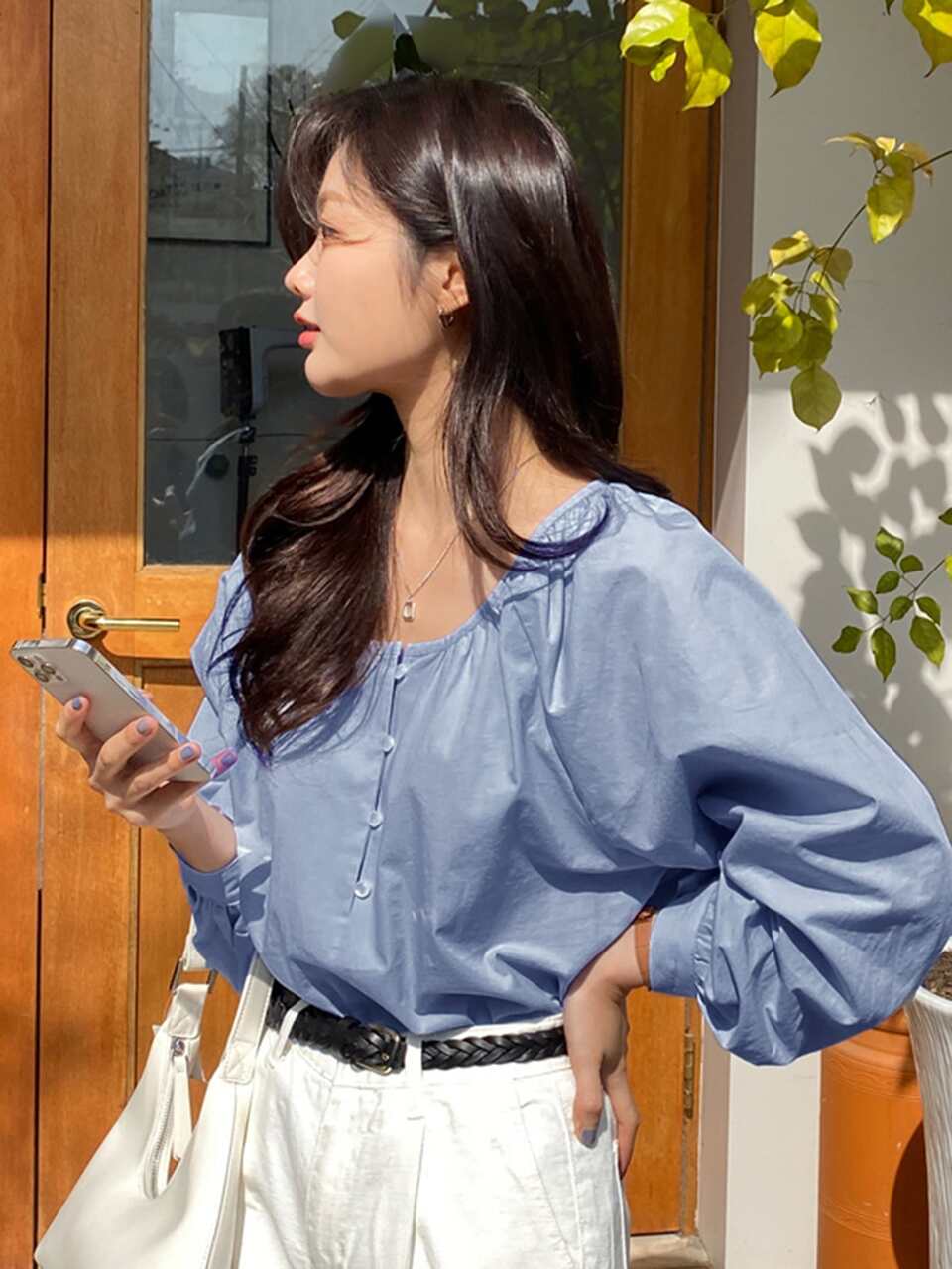 Half Button Bishop Sleeve Blouse