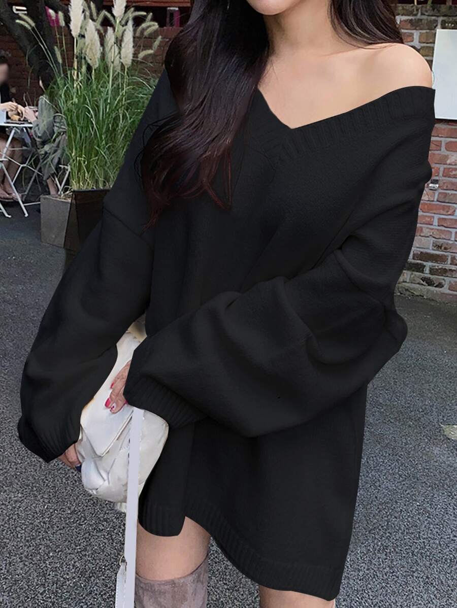 DAZY V-neck Drop Shoulder Jumper Dress - Black - View 1