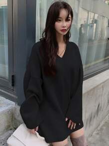 DAZY V-neck Drop Shoulder Jumper Dress - Black - View 2