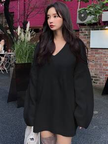 DAZY V-neck Drop Shoulder Jumper Dress - Black - View 4