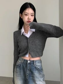 DAZY Ribbed Knit Crop Cardigan,Fall Clothes - Grey - View 1