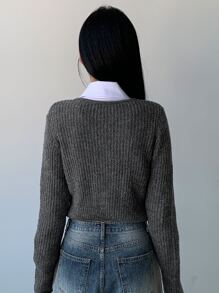 DAZY Ribbed Knit Crop Cardigan,Fall Clothes - Grey - View 2