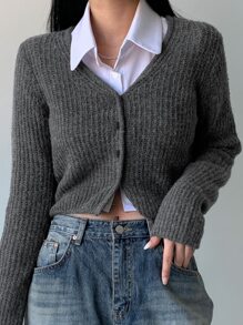 DAZY Ribbed Knit Crop Cardigan,Fall Clothes - Grey - View 3