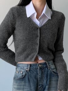 DAZY Ribbed Knit Crop Cardigan,Fall Clothes - Grey - View 5