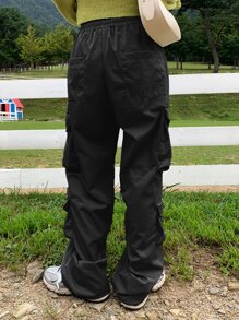 DAZY Drawstring Waist Flap Pocket Cargo Trousers - Black - View 2