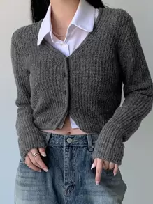 DAZY Ribbed Knit Crop Cardigan,Fall Clothes - Grey - View 6