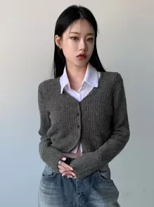 DAZY Ribbed Knit Crop Cardigan,Fall Clothes - Grey - View 7