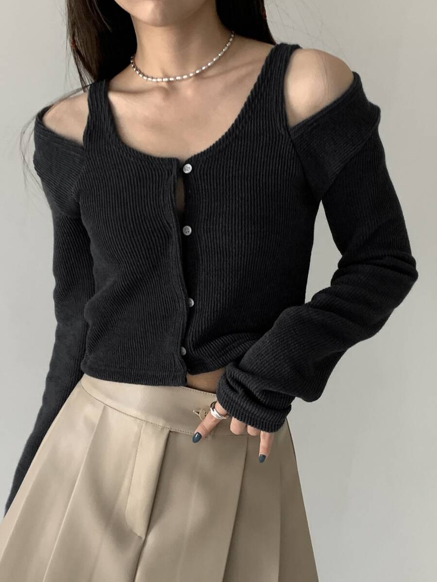 DAZY Cold Shoulder Button Front Tee - Black - View 1