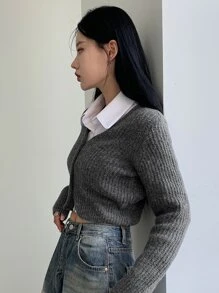DAZY Ribbed Knit Crop Cardigan,Fall Clothes - Grey - View 8